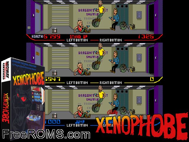 Xenophobe MAME game showing 3D box cover and gameplay screenshot