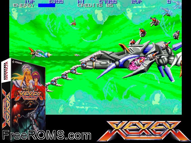 Xexex (ver EAA) MAME game showing 3D box cover and gameplay screenshot