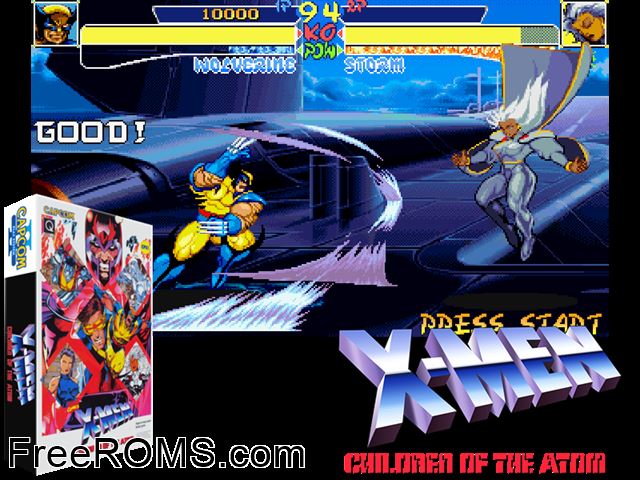 X-Men: Children of the Atom (Japan 941208 rent version) MAME game showing 3D box cover and gameplay screenshot