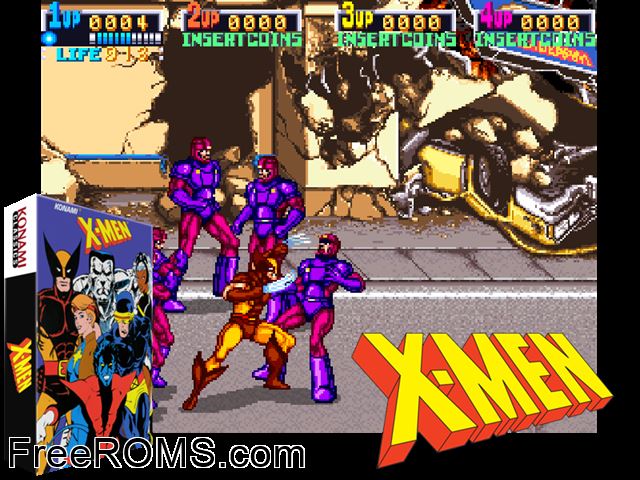 X-Men (2 Players ver JAA) MAME game showing 3D box cover and gameplay screenshot
