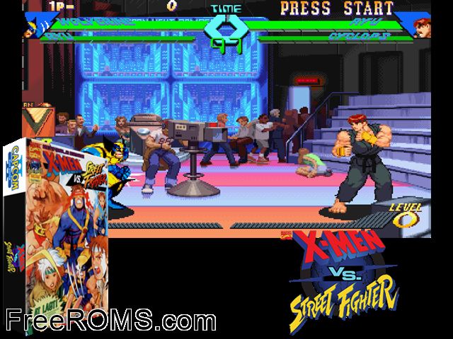X-Men Vs. Street Fighter (Japan 960910) MAME game showing 3D box cover and gameplay screenshot