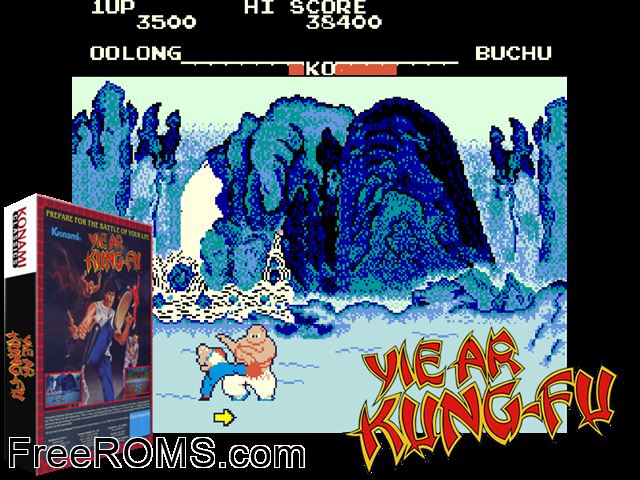 Yie Ar Kung-Fu (set 2) MAME game showing 3D box cover and gameplay screenshot