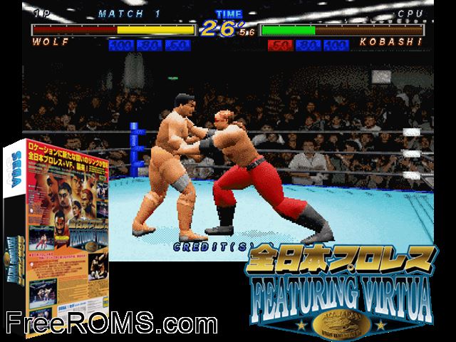 Zen Nippon Pro-Wrestling Featuring Virtua (J 971123 V1.000) MAME game showing 3D box cover and gameplay screenshot