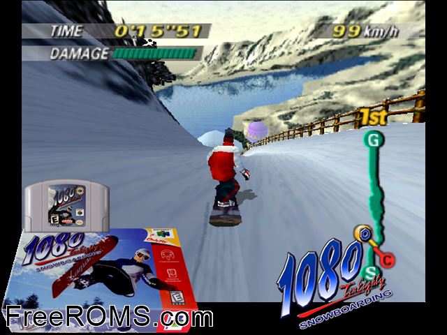 1080 snowboarding N64 game showing 3D box cover and gameplay screenshot