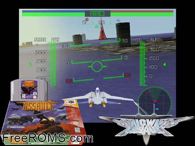 AeroFighters Assault N64 game showing 3D box cover and gameplay screenshot
