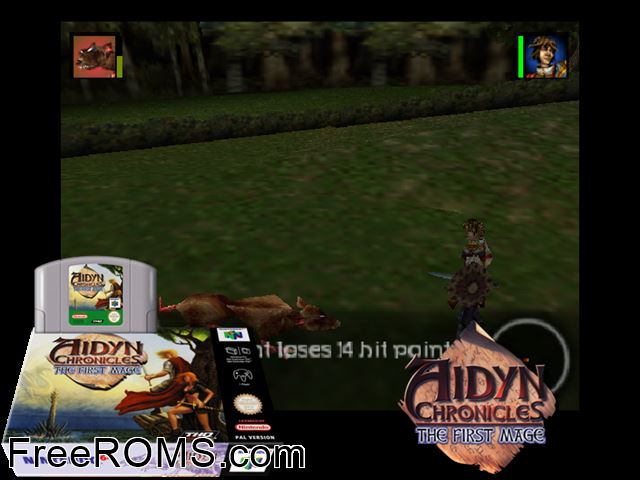 Aidyn Chronicles - The First Mage N64 game showing 3D box cover and gameplay screenshot