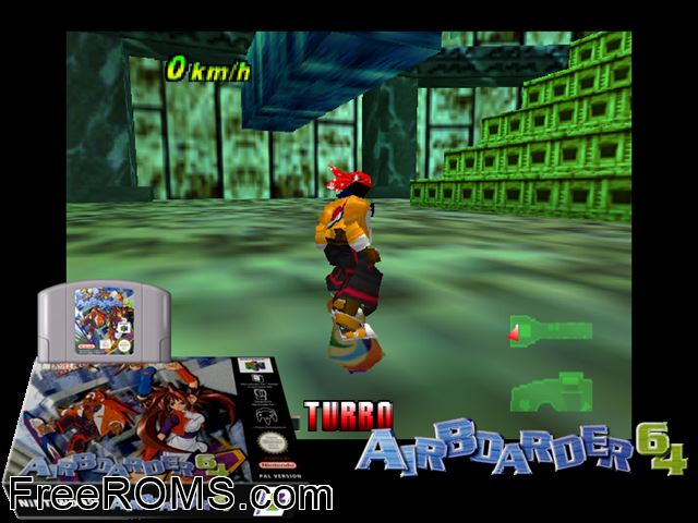 Airboarder 64 N64 game showing 3D box cover and gameplay screenshot