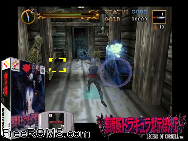 Akumajou Dracula Mokushiroku Gaiden - Legend of Cornell Jap N64 game showing 3D box cover and gameplay screenshot