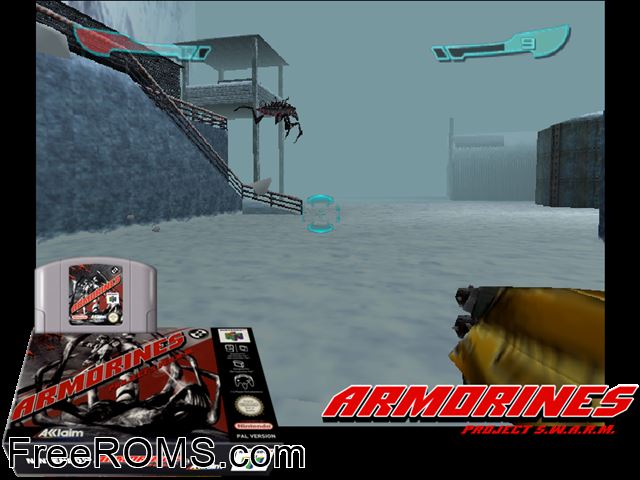 Armorines - Project S.W.A.R.M. N64 game showing 3D box cover and gameplay screenshot