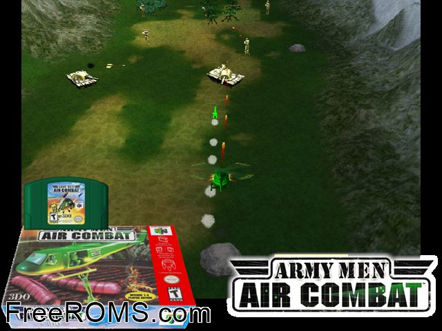Army Men - Air Combat N64 game showing 3D box cover and gameplay screenshot