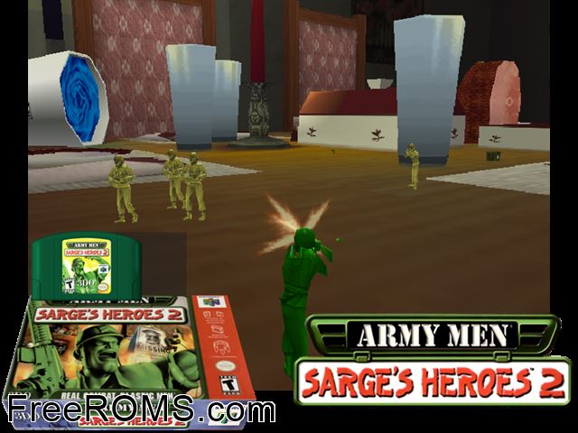 Army Men - Sarge's Heroes 2 N64 game showing 3D box cover and gameplay screenshot