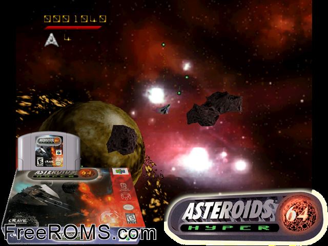 Asteroids Hyper 64 N64 game showing 3D box cover and gameplay screenshot