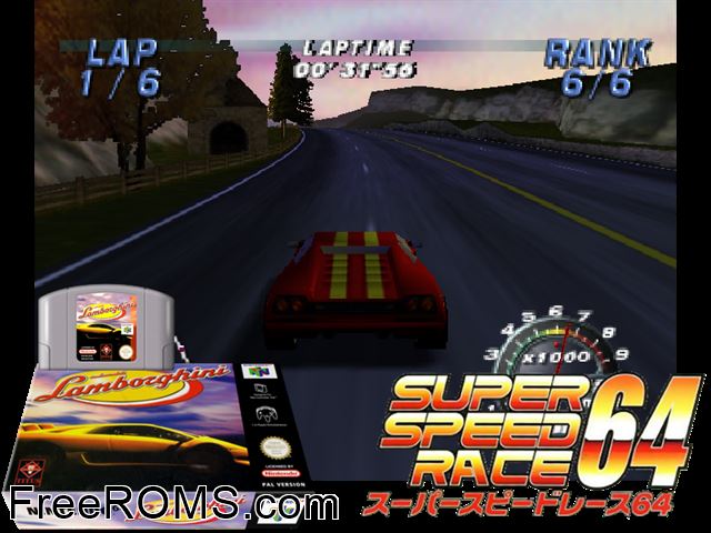 Automobili Lamborghini N64 game showing 3D box cover and gameplay screenshot