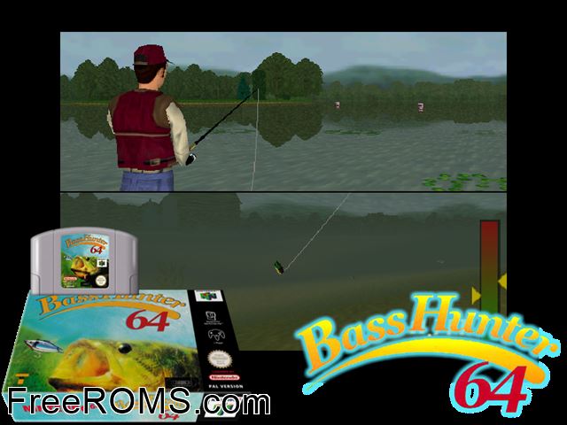 Bass Hunter 64 N64 game showing 3D box cover and gameplay screenshot