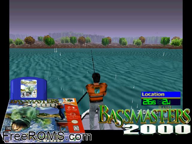 Bassmasters 2000 N64 game showing 3D box cover and gameplay screenshot