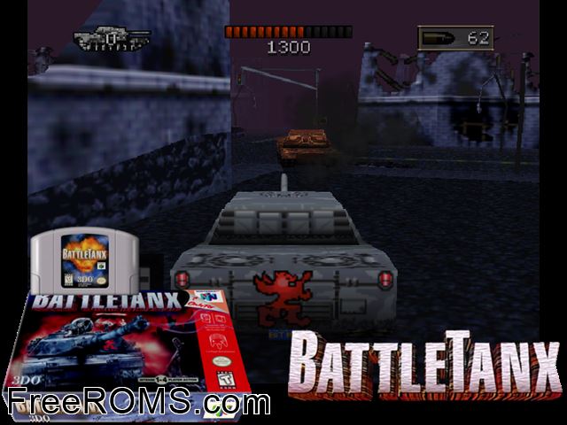 Battle Tanx N64 game showing 3D box cover and gameplay screenshot