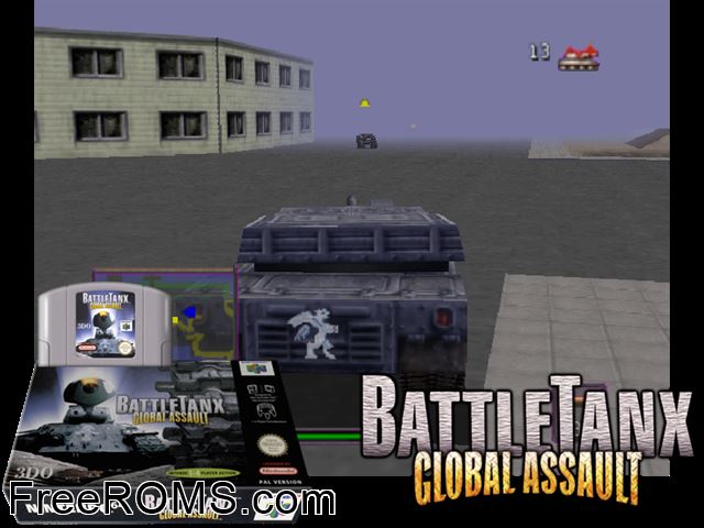 BattleTanx - Global Assault N64 game showing 3D box cover and gameplay screenshot