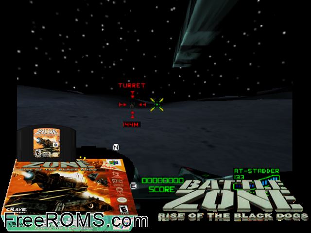 Battlezone - Rise of the Black Dogs N64 game showing 3D box cover and gameplay screenshot