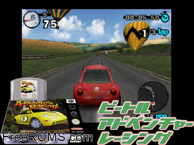Beetle Adventure Racing! N64 game showing 3D box cover and gameplay screenshot