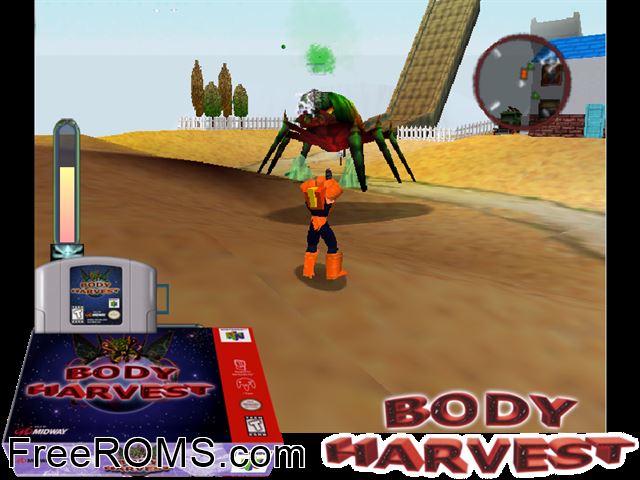 Body Harvest N64 game showing 3D box cover and gameplay screenshot
