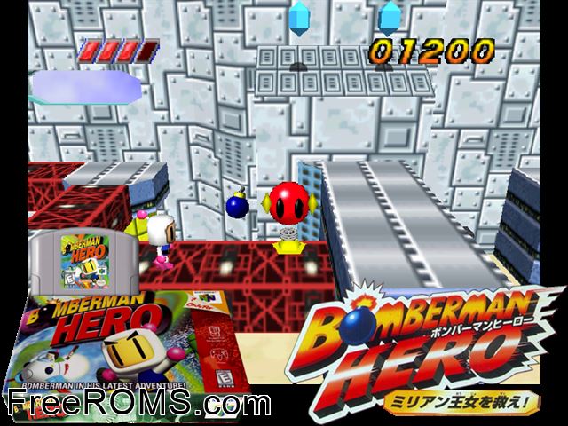 Bomberman Hero N64 game showing 3D box cover and gameplay screenshot