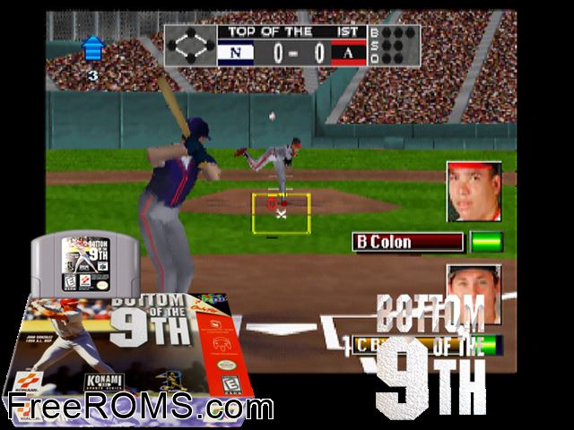 Bottom of the 9th N64 game showing 3D box cover and gameplay screenshot