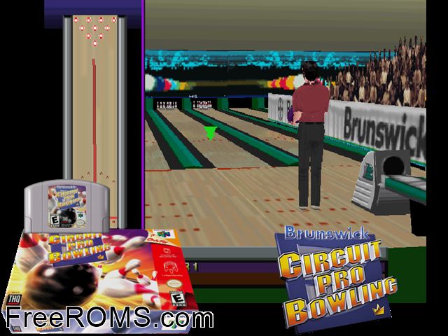 Brunswick Circuit Pro Bowling N64 game showing 3D box cover and gameplay screenshot