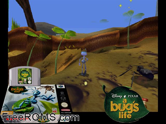 Bug's Life N64 game showing 3D box cover and gameplay screenshot