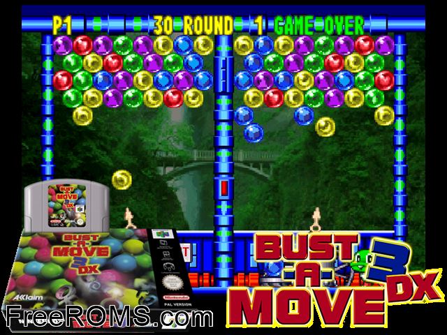 Bust-A-Move 3 DX N64 game showing 3D box cover and gameplay screenshot