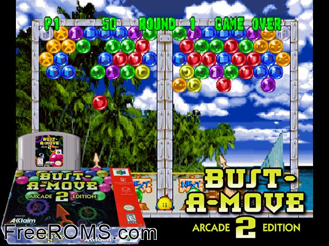 Bust a Move 2 N64 game showing 3D box cover and gameplay screenshot