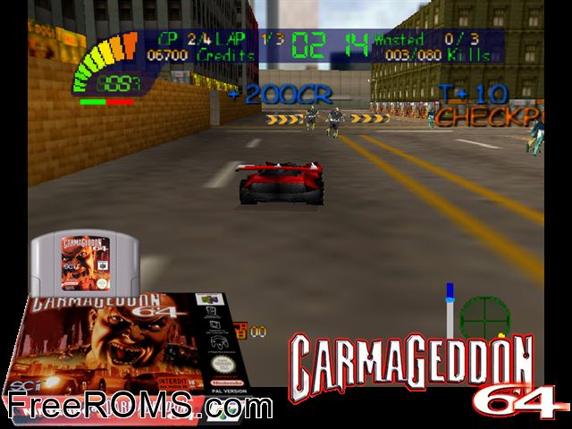 Carmageddon 64 N64 game showing 3D box cover and gameplay screenshot