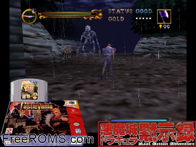 Castlevania N64 game showing 3D box cover and gameplay screenshot