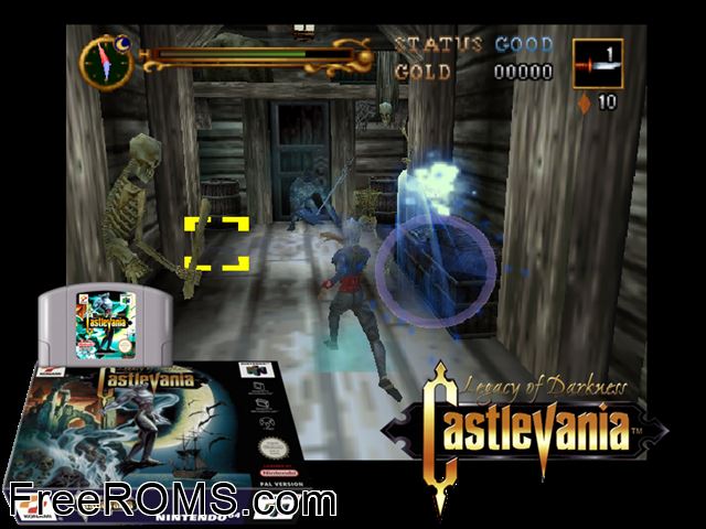 Castlevania - Legacy of Darkness N64 game showing 3D box cover and gameplay screenshot