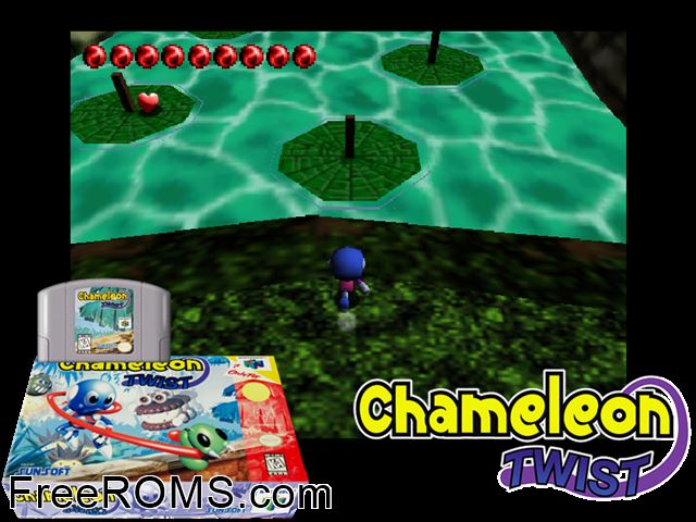Chameleon Twist N64 game showing 3D box cover and gameplay screenshot