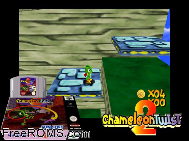 Chameleon Twist 2 N64 game showing 3D box cover and gameplay screenshot