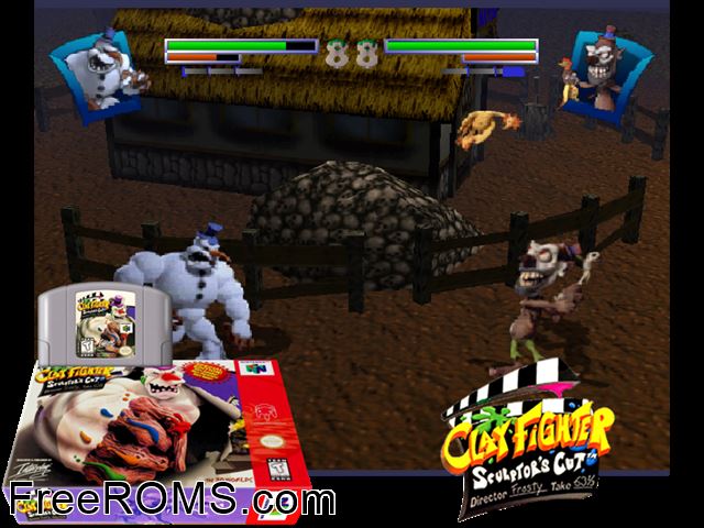 Clay Fighter - Sculptors Cut N64 game showing 3D box cover and gameplay screenshot