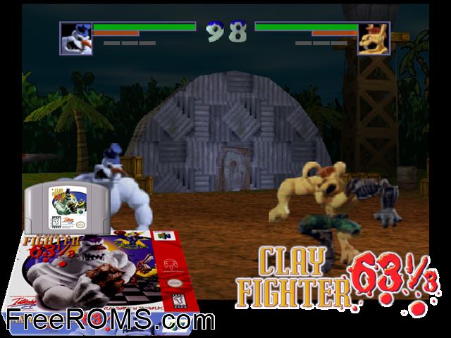 Clay Fighter 63 1/3 N64 game showing 3D box cover and gameplay screenshot