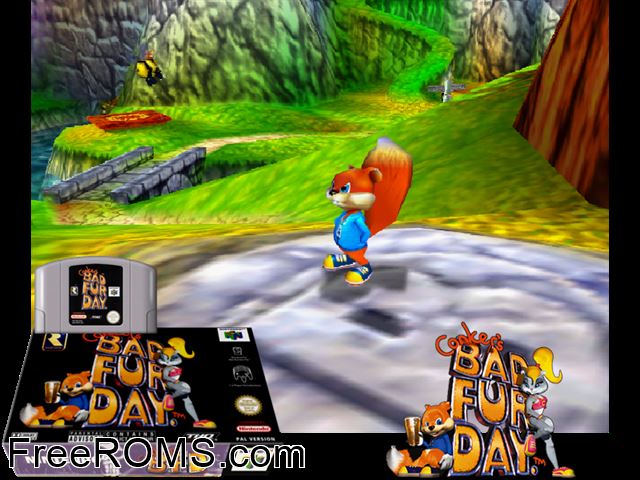Conker's Bad Fur Day N64 game showing 3D box cover and gameplay screenshot