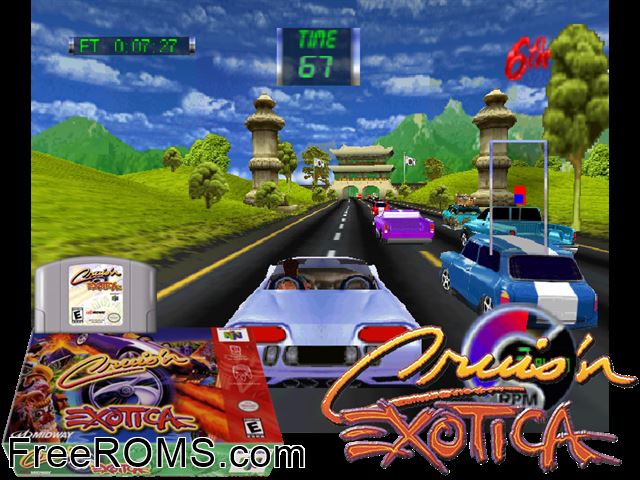 Cruis'n Exotica N64 game showing 3D box cover and gameplay screenshot