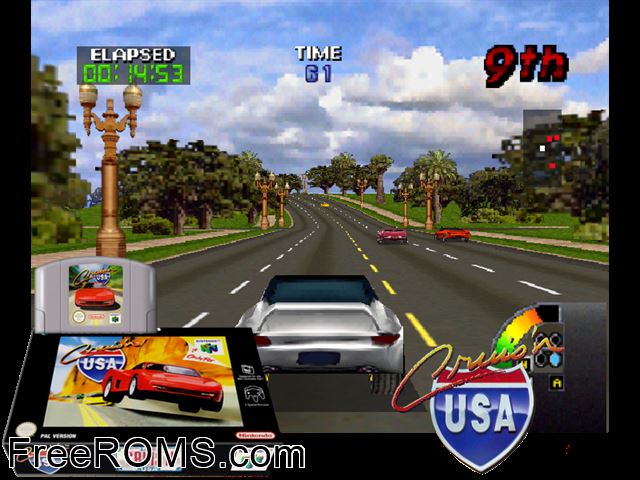 Cruis'n USA N64 game showing 3D box cover and gameplay screenshot