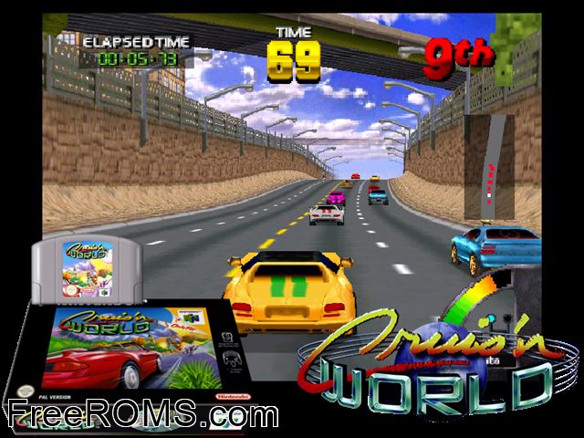 Cruis'n World N64 game showing 3D box cover and gameplay screenshot