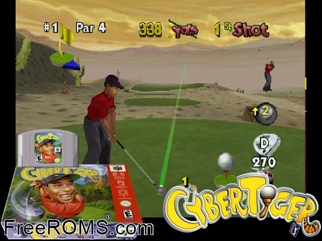 Cyber Tiger N64 game showing 3D box cover and gameplay screenshot