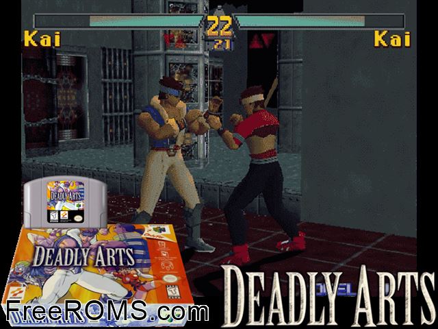 Deadly Arts N64 game showing 3D box cover and gameplay screenshot