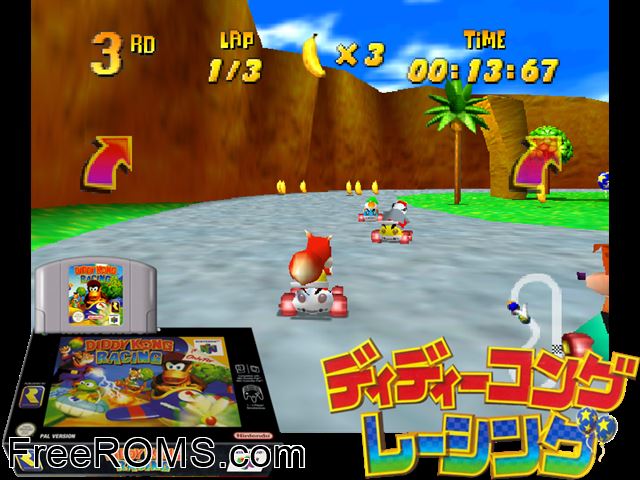 Diddy Kong Racing N64 game showing 3D box cover and gameplay screenshot