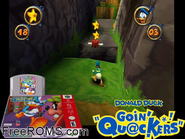 Disney's Donald Duck - Goin' Quackers N64 game showing 3D box cover and gameplay screenshot