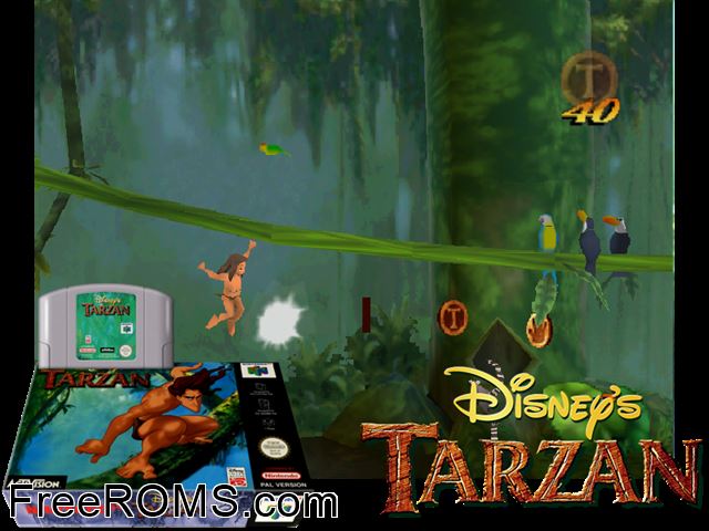 Disney's Tarzan N64 game showing 3D box cover and gameplay screenshot