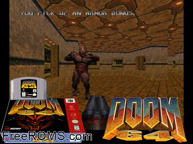 Doom 64 N64 game showing 3D box cover and gameplay screenshot