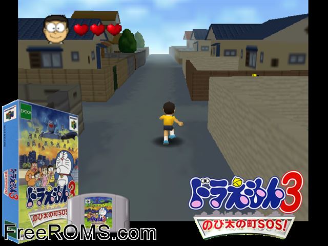 Doraemon 3 - Nobi Dai no Machi SOS! Jap N64 game showing 3D box cover and gameplay screenshot