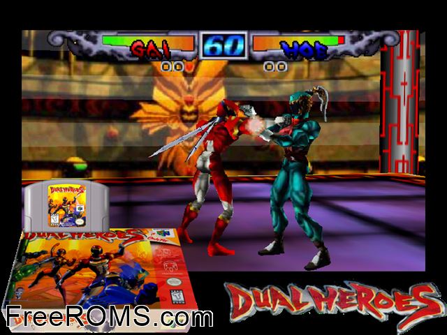 Dual Heroes N64 game showing 3D box cover and gameplay screenshot