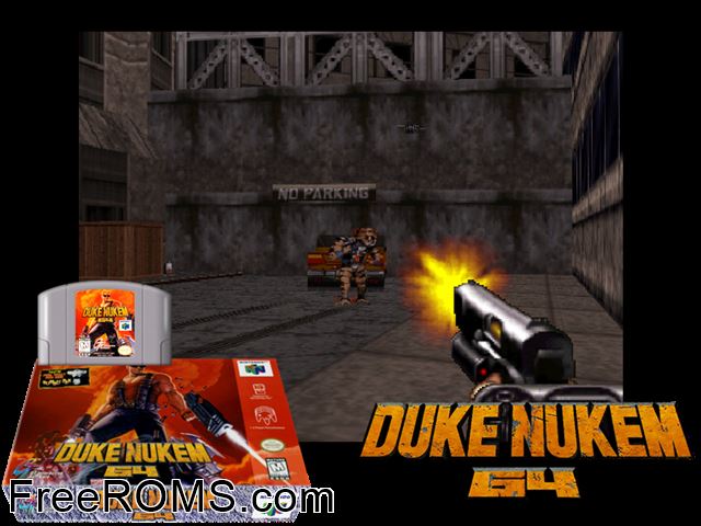 Duke Nukem 64 N64 game showing 3D box cover and gameplay screenshot